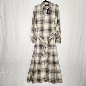 New POLO Stephanie Check Cream/Gray/Yellow Tartan Fit Flare Maxi Dress Size 16.